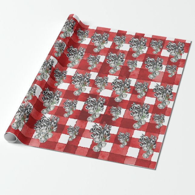 Papel De Presente Vermelho Rústico Gingham Noël (Desenrolado)