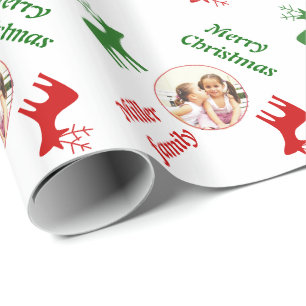 Papel De Presente Vermelho, veado verde e foto de Natal
