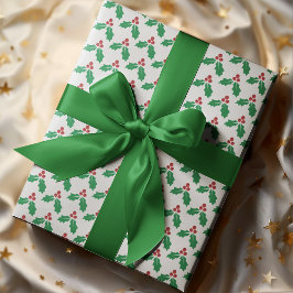 Papel De Presente Vermelho Verde Festivo Folhas de Azevinho Frutas N