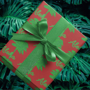 Papel De Presente Vermelho Verde Palma Aloha Férias Tropicais