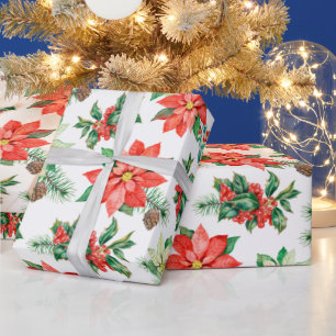 Papel De Presente Vermelho Verde Poinsettia Pinheiro Botânico Natal