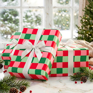 Papel De Presente Vermelho Verde Rosa Xadrez Tartan Natal Retro