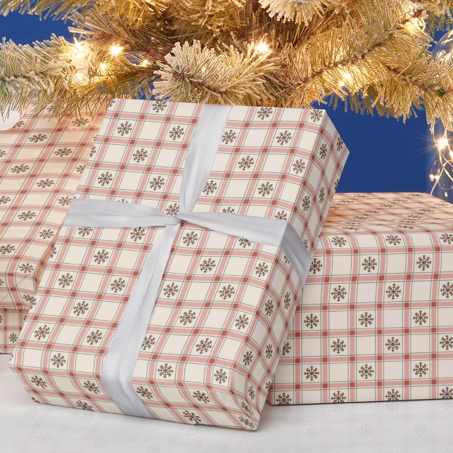 Papel De Presente Vermelho Xadrez Floco de Neve Natal Feriado (Criador carregado)