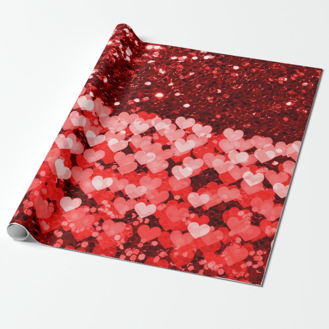 Papel De Presente Vermelhos e Corações Brancos Faux Glitter (Desenrolado)