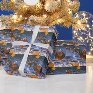 Papel De Presente Véspera de Natal Vintage, Papai Noel Voando Trenó