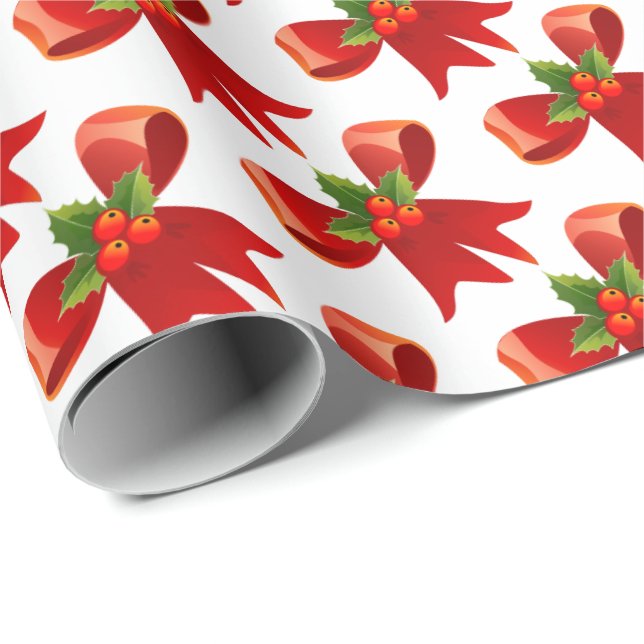 Papel De Presente Vestido de Natal com Arco Vermelho e Holly (Ponta do rolo)