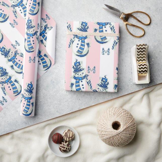 Papel De Presente Vestido de Natal Rosa e Stripe Branca Snowman (Artesanato)
