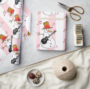 Papel De Presente Vestido de Natal Rosa e Stripe Branca Snowman