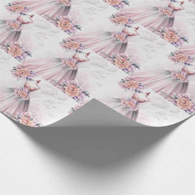 Papel De Presente Vestido de Noiva e Ramilhetes Botânicos Rosa (Ponta)