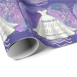 Papel De Presente Vestido de Noiva para Chá de Panela Roxo e Dourado