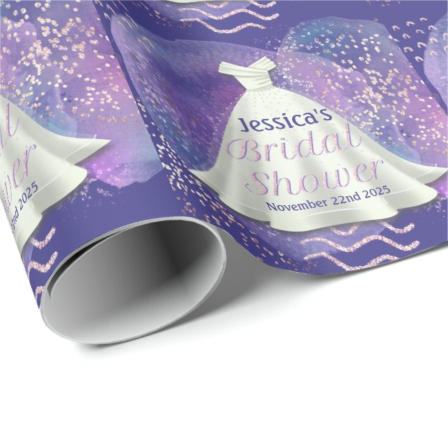 Papel De Presente Vestido de Noiva para Chá de Panela Roxo e Dourado (Ponta do rolo)