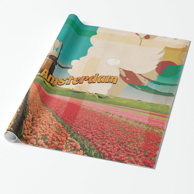 Papel De Presente Viagens vintage de Amesterdã (Desenrolado)