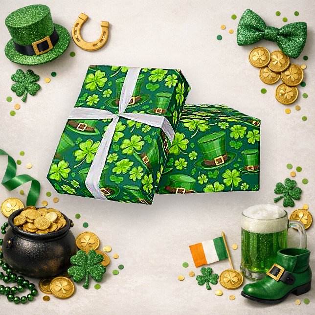Papel De Presente Vibrant Green Shamrock Leprechaun Pattern Art (Criador carregado)