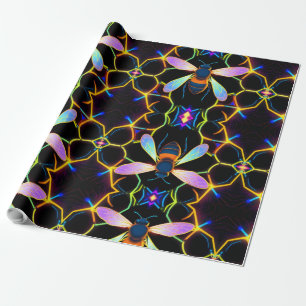 Papel De Presente Vibrant Neon Honeybee com Abstrato Hexagonal