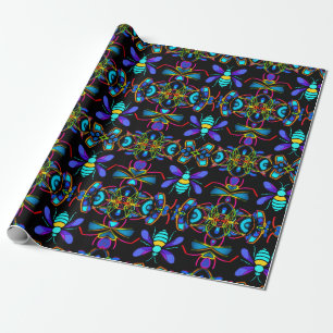 Papel De Presente Vibrant Neon Honeybee com Abstrato Hexagonal