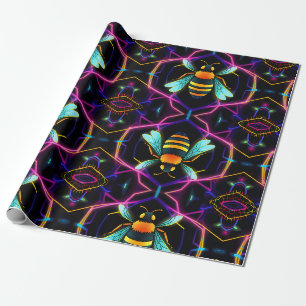 Papel De Presente Vibrant Neon Honeybee com Abstrato Hexagonal