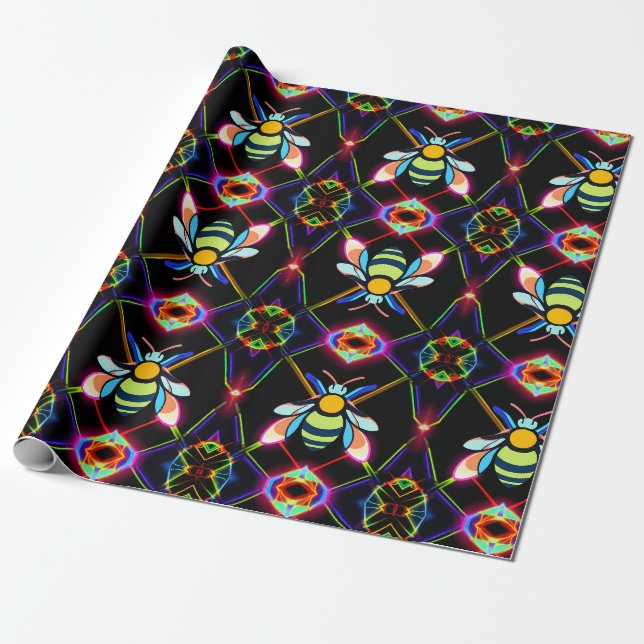 Papel De Presente Vibrant Neon Honeybee com Abstrato Hexagonal (Desenrolado)
