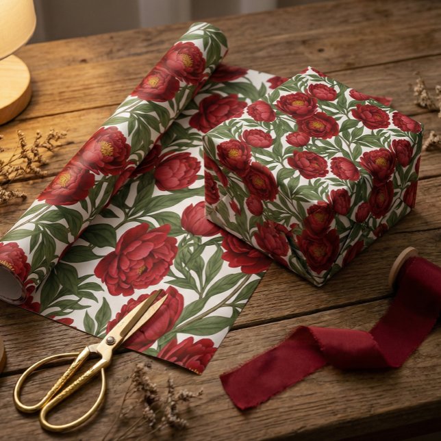 Papel De Presente Vibrant Red Peony Collection Customizable Party  (Criador carregado)