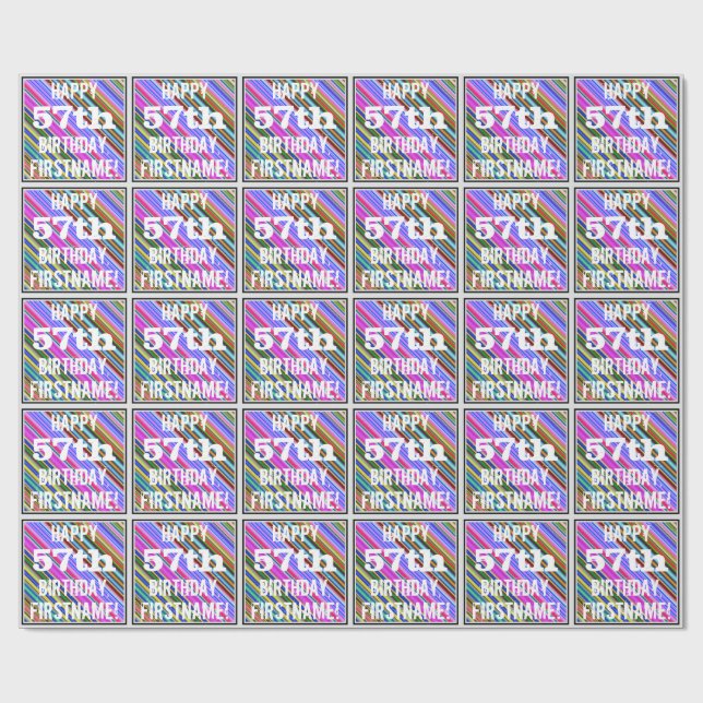Papel De Presente Vibrante, Colorido 57º Aniversário + Nome Personal (Aberto)