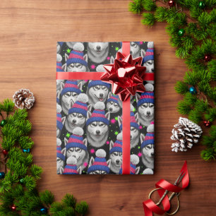 Papel De Presente Vibrante Husky Siberiano Neon no Padrão de Gorro d