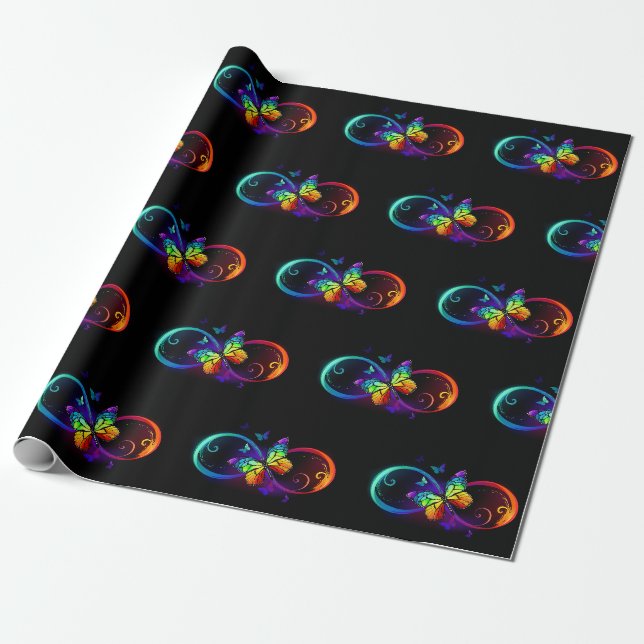 Papel De Presente Vibrante infinito com borboleta arco-íris em preto (Desenrolado)