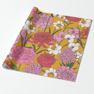 Papel De Presente Vibrante Jardim Floral Rosa Amarelo Mostarda