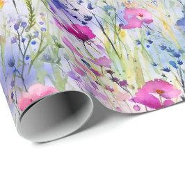 Papel De Presente Vibrantes Flores Silvestres Aguarela Azul Rosa e R