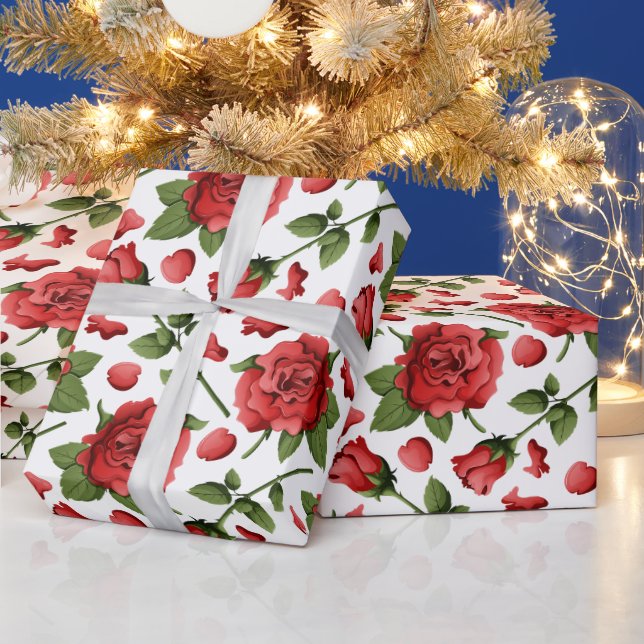 Papel De Presente Victorian Red Roses Foliage Botanical Pattern (Feriados)