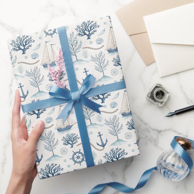 Papel De Presente Vida Costeira Oceanos Azul (Presentear)