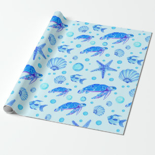 Papel De Presente Vida Marinha Azul - Tartarugas, Peixes e Conchas