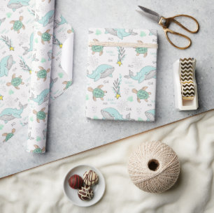Papel De Presente Vida Marinha Baleias e Tartarugas