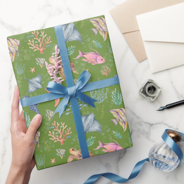 Papel De Presente Vida Oceânica em Aquarela Abacate Texturizado (Presentear)