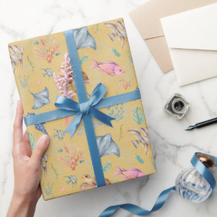Papel De Presente Vida Oceânica em Aquarela Amarelo Texturizado