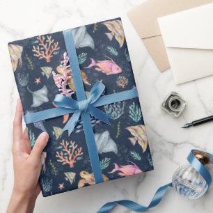Papel De Presente Vida Oceânica em Aquarela Azul-Marinho Texturizado