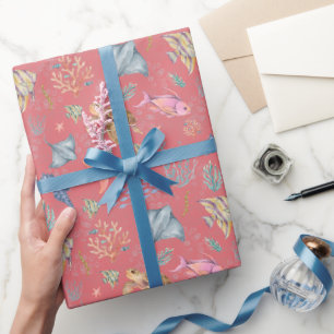 Papel De Presente Vida Oceânica em Aquarela Melancia Texturizada