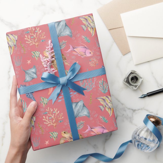 Papel De Presente Vida Oceânica em Aquarela Melancia Texturizada (Presentear)