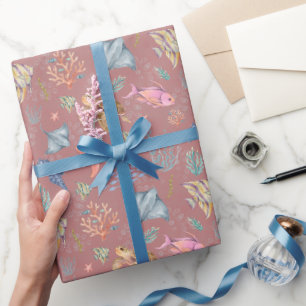 Papel De Presente Vida Oceânica em Aquarela Morango Escuro Empoeirad