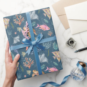 Papel De Presente Vida Oceânica em Aquarela Texturizada Azul Escuro