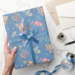 Papel De Presente Vida Oceânica em Aquarela Texturizada Azul Médio
