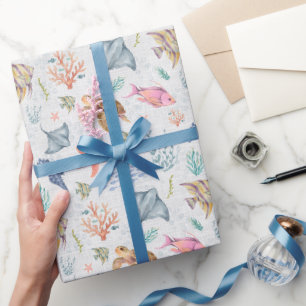 Papel De Presente Vida Oceânica em Aquarela Texturizada Branca