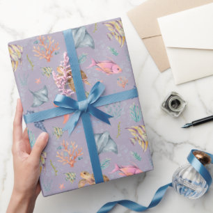 Papel De Presente Vida Oceânica em Aquarela Texturizada Lilás Claro