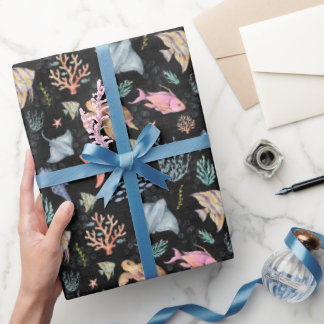 Papel De Presente Vida Oceânica em Aquarela Texturizada Preta