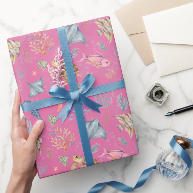 Papel De Presente Vida Oceânica em Aquarela Texturizada Rosa (Presentear)