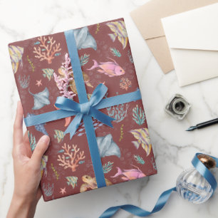 Papel De Presente Vida Oceânica em Aquarela Texturizada Sangria Cinz