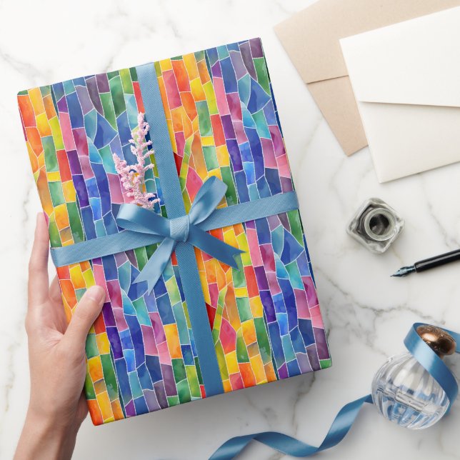 Papel De Presente Vidro Manchado Arco-Íris Aquarela (Presentear)