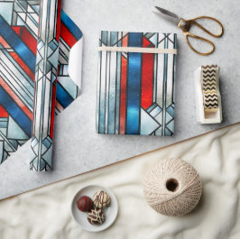 Papel De Presente Vidro Patriótico Azul Branco Vermelho, Manchado 4 