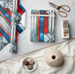 Papel De Presente Vidro Patriótico Azul Branco Vermelho, Manchado 4 