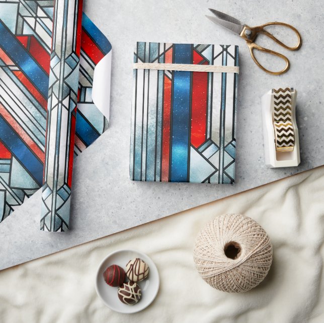 Papel De Presente Vidro Patriótico Azul Branco Vermelho, Manchado 4  (Artesanato)