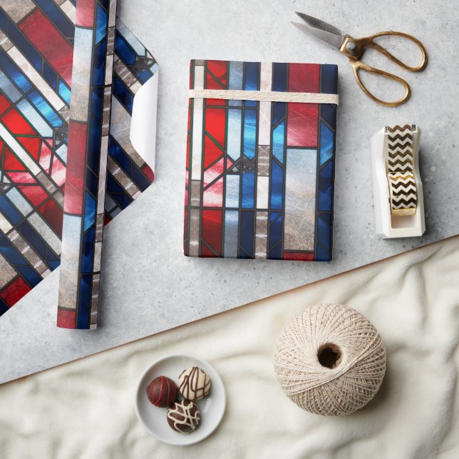 Papel De Presente Vidro Patriótico Azul Branco Vermelho, Manchado 4  (Artesanato)