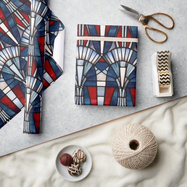 Papel De Presente Vidro Patriótico Azul Branco Vermelho, Manchado 4  (Artesanato)